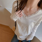 Camiseta Sexy de Encaje con Manga Larga para Mujer, Todo a Juego, Holgada, con Cuello en V, Jersey para Mujer, Primavera Otoño, Blusas Básicas de Color Sólido para Mujer