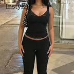 Top corto sin mangas con cuello cuadrado, sin espalda, de encaje con volantes y retazos, sexy y2k a la moda para mujer, ideal para fiestas, vacaciones y verano.