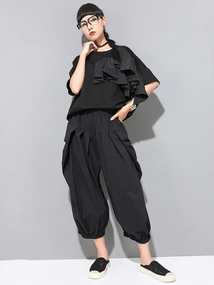 [EAM] Pantalones Casuales Plisados Negros de Cintura Alta Elásticos Nuevos Pantalones Sueltos de Moda para Mujer Marea Primavera Otoño 2026 1DF4770