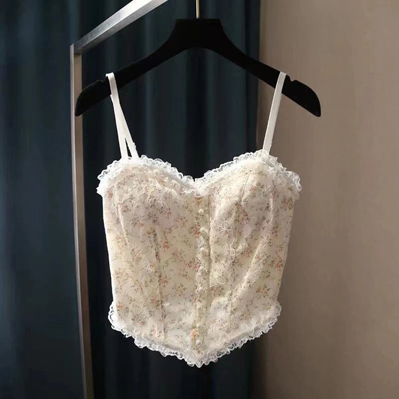 1 unidad de camiseta sin mangas corta con estampado francés de encaje para verano, corpiño, top tubo para mujer, elegante, entallado, chaleco corto, ropa de calle
