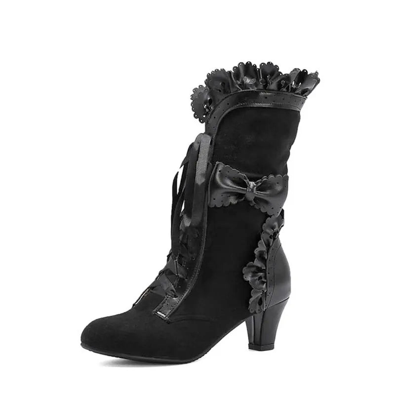 Bow Lace Mid Calf Boots