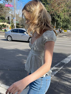 Camiseta Delgada de Cuadros Verdes Vintage para Mujer, Verano, Dulce, con Ribete de Encaje, Manga Corta, Algodón, Tops Casuales Retro Elegantes, Top Corto con Volantes