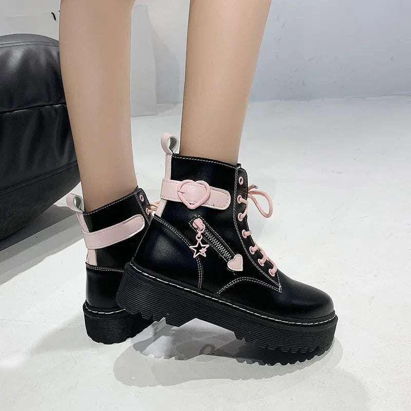 Round Toe Leather Square Heel Ankle Boots