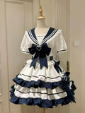 Dulce y adorable conjunto de falda marinera de manga corta con cuello, estilo lolita japonesa kawaii, con lazo de encaje y vestido de fiesta de princesa con cuello marinero.