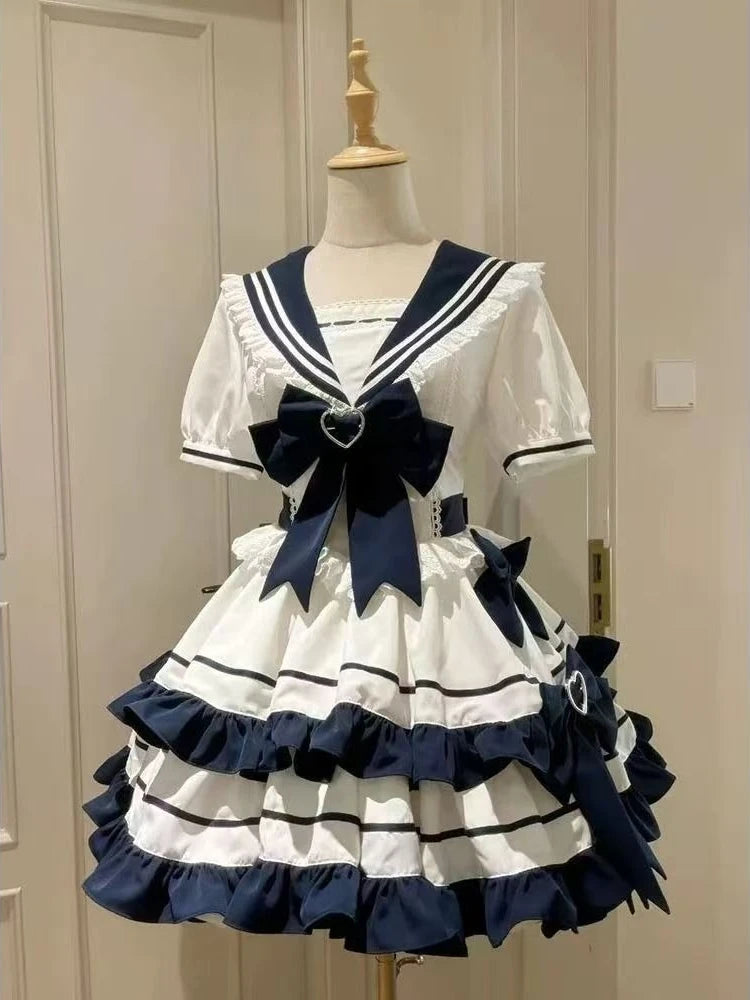 Dulce y adorable conjunto de falda marinera de manga corta con cuello, estilo lolita japonesa kawaii, con lazo de encaje y vestido de fiesta de princesa con cuello marinero.