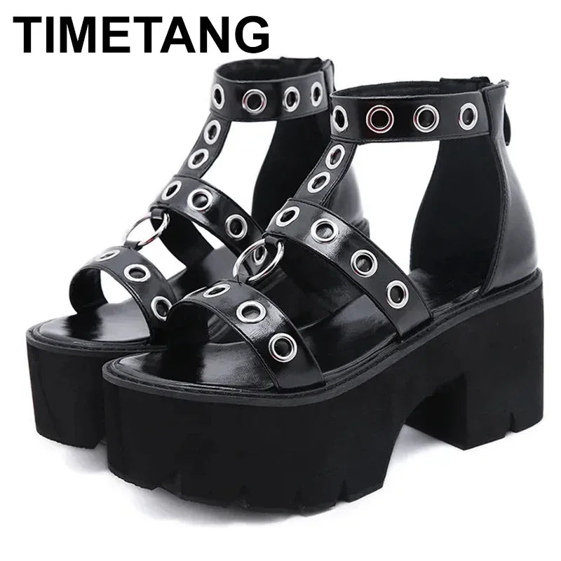 Open Toe Buckle Strappy Rivet Platform Sandals