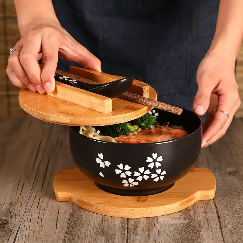 Ceramic Japanese Style Rice Noodle Bowl with Lid Spoon Chopstick