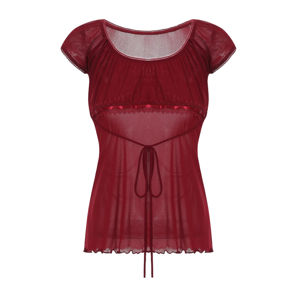 Lace Trim Cap Sleeve Low Cut Shirt