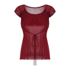 Lace Trim Cap Sleeve Low Cut Shirt