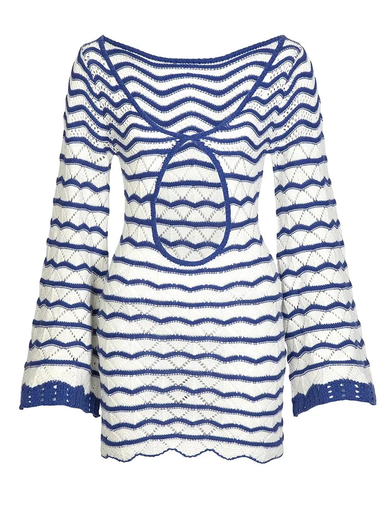Vestido de punto sexy bohemio a rayas elegante con cuello en V, recortes y mangas acampanadas, vestido mini acampanado para mujer, vacaciones de verano en la playa 2025 K123