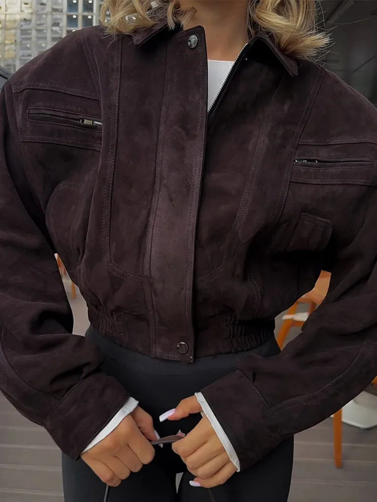 Chaquetas Cortas Sólidas para Mujer Moda Solapa Cremallera Manga Larga Bolsillo Abrigo Corto Otoño 2025 Informal Streetwear para Mujer Nueva Prenda Exterior