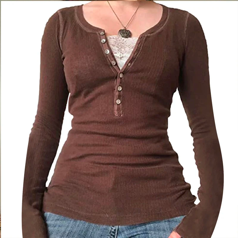 Camiseta retro grunge cottage de los 2000, punto acanalado de otoño, manga larga, corte entallado, estilo Y2K, hada, años 90, vintage, cuello de pico, crop tops para mujer