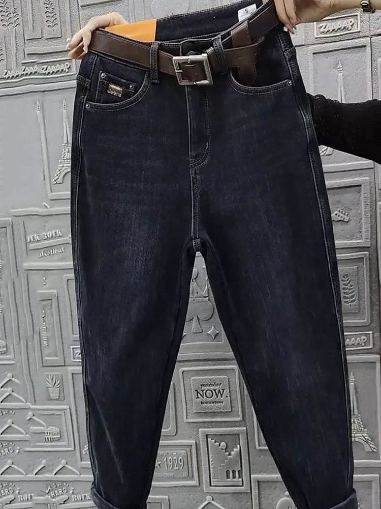 Otoño Invierno Jeans Rectos de Cintura Alta para Mujer, Pantalones Vaqueros Haren Elásticos de Ajuste Holgado, Pantalones Vaqueros Vintage Hasta el Tobillo para Mujer 5XL