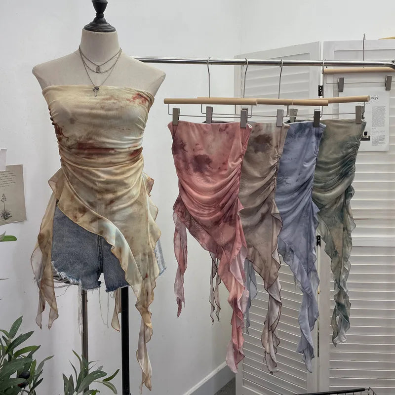 Tie-Dye Mesh Ruffle Edge Asymmetric Tube Top