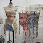 Tie-Dye Mesh Ruffle Edge Asymmetric Tube Top