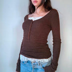 Camiseta retro grunge cottage de los 2000, punto acanalado de otoño, manga larga, corte entallado, estilo Y2K, hada, años 90, vintage, cuello de pico, crop tops para mujer