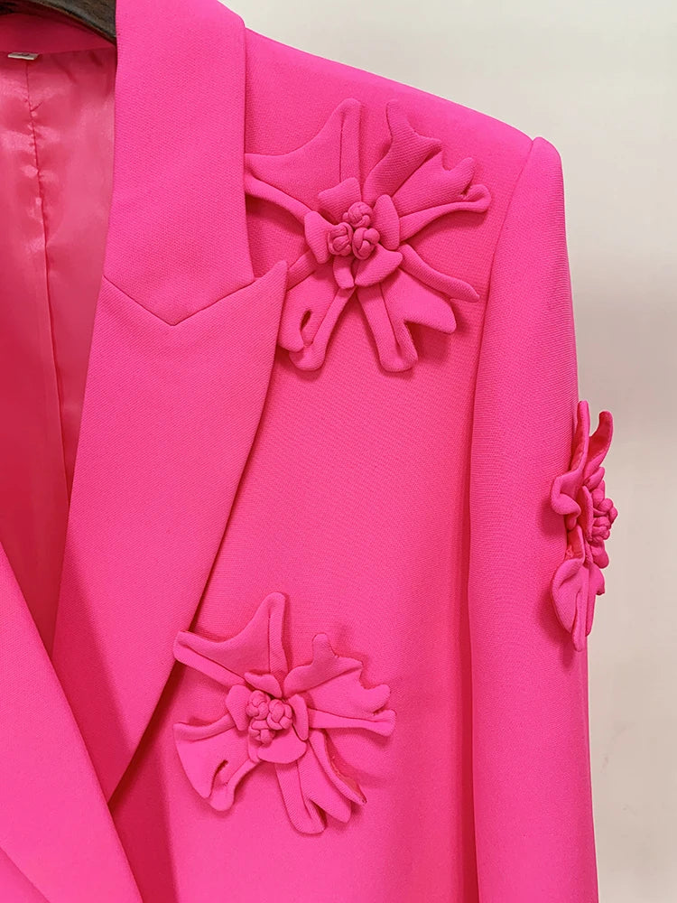 Stereoscopic Flowers Appliques Double Breasted Long Blazer