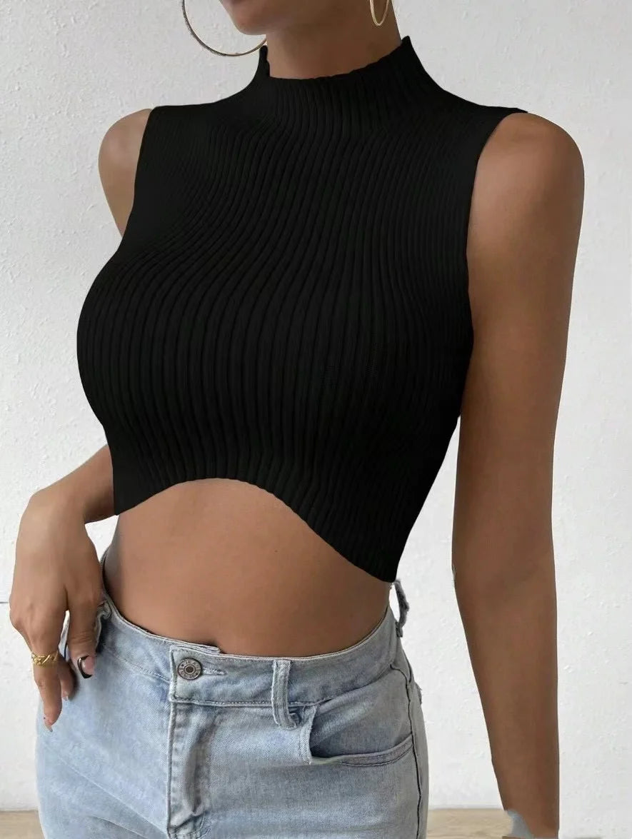 Sleeveless Mock Neck Rib Knit Top