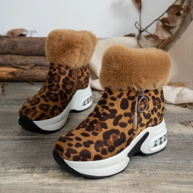 Thick-soled Leopard Print Frosted Zipper Cotton Boots
