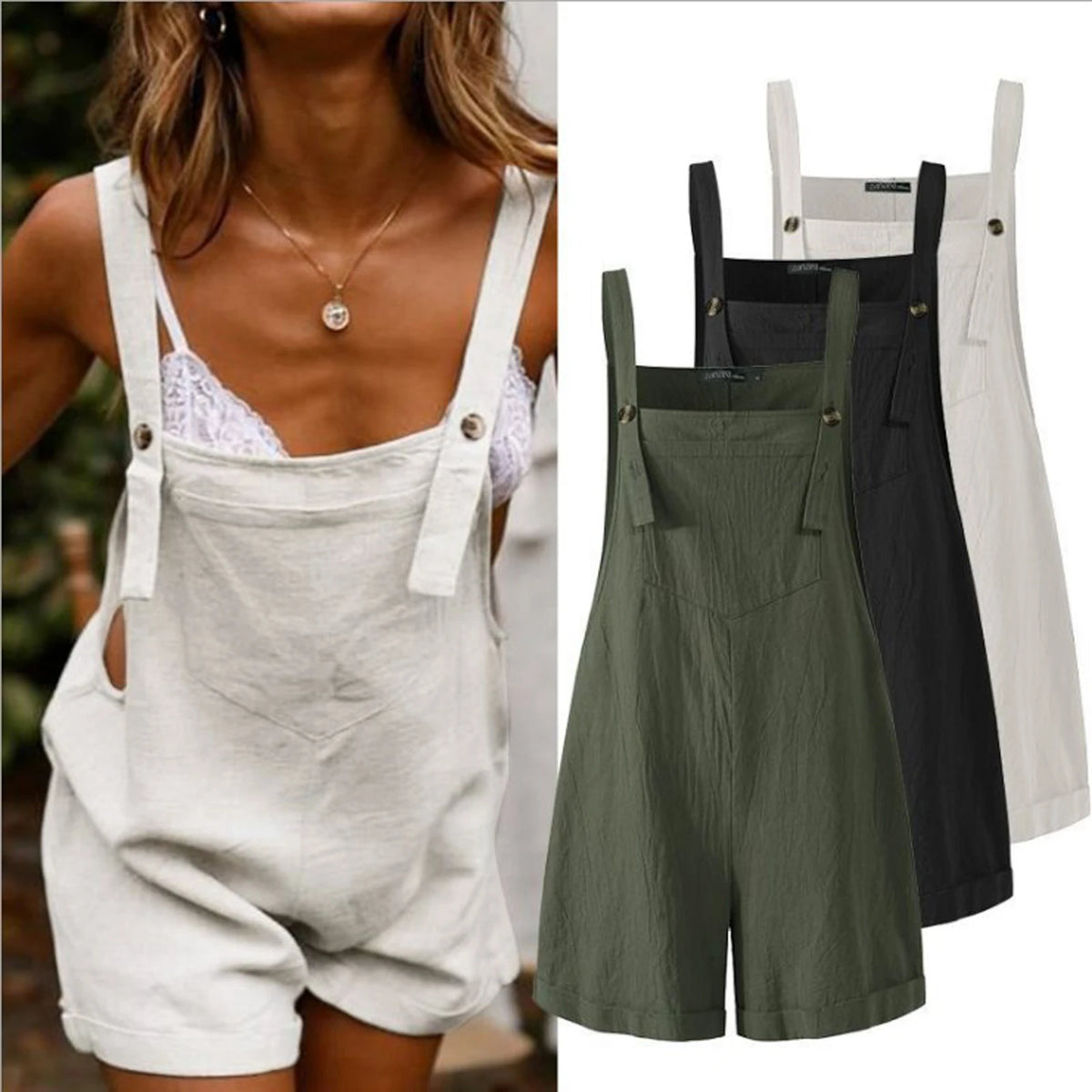 Sleeveless Square Collar Button Suspender Shorts