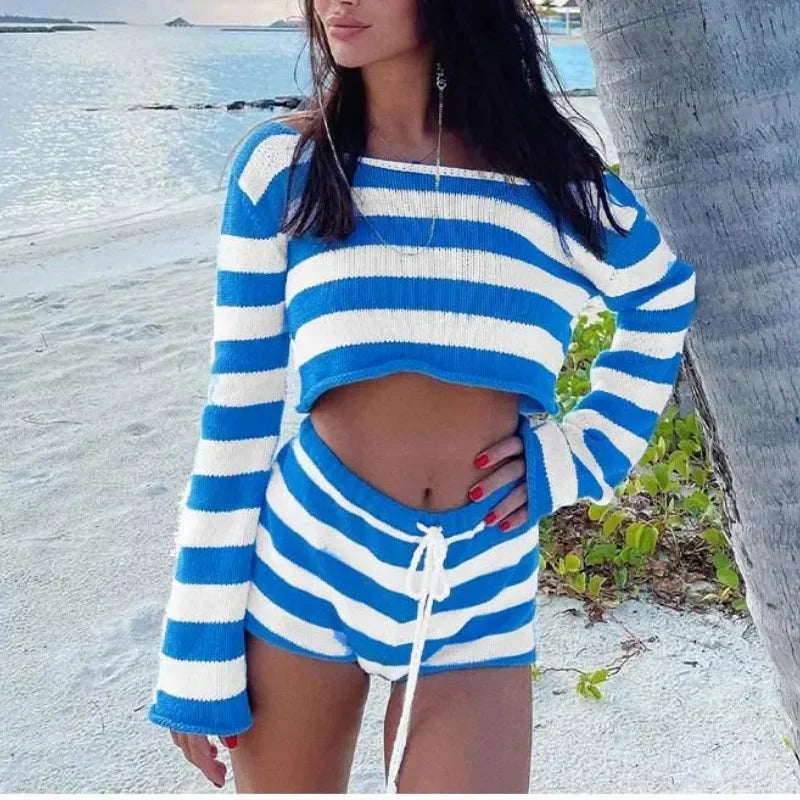 Knit Stripe Crop Top Shorts Set