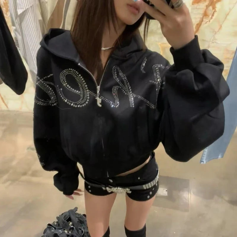 Chaqueta con capucha vintage de streetwear americano para mujer, manga larga, informal, con estampado de letras, estilo Y2k, abrigo retro con cremallera, novedad de otoño de 2025