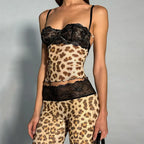Lace Patchwork Leopard Print Sheer Mesh 2 Piece Set