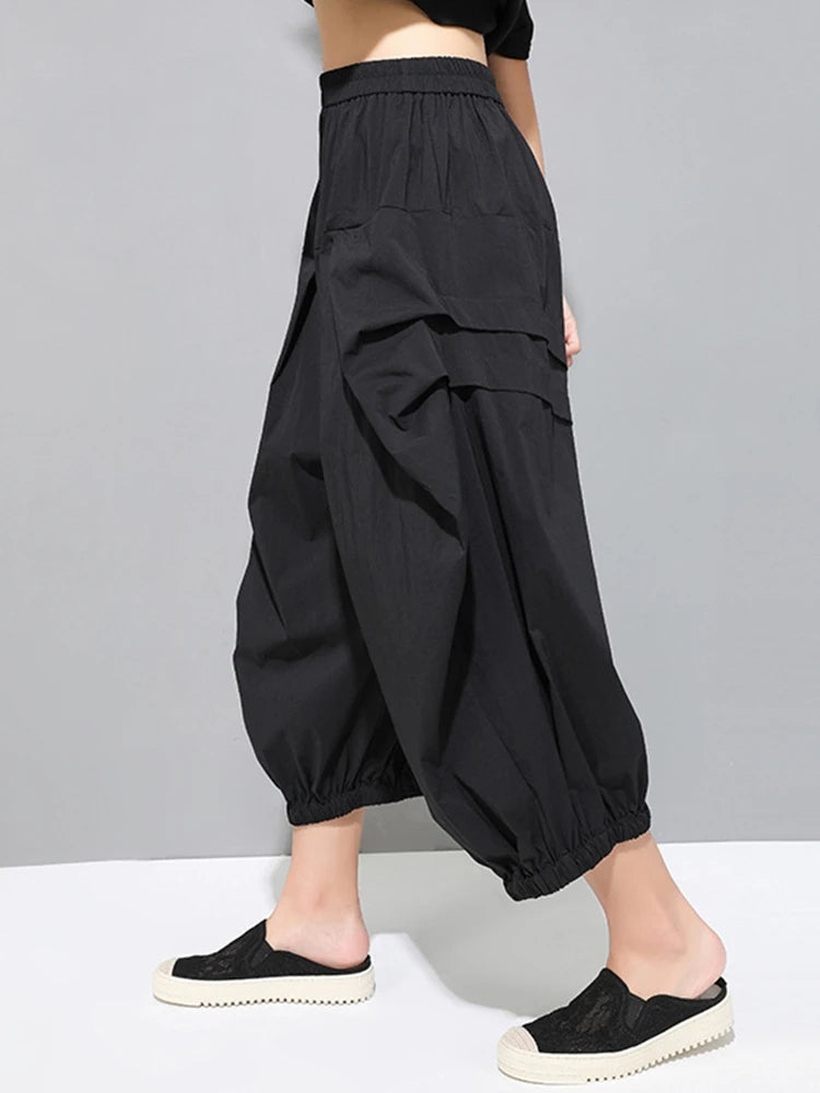 [EAM] Pantalones Casuales Plisados Negros de Cintura Alta Elásticos Nuevos Pantalones Sueltos de Moda para Mujer Marea Primavera Otoño 2026 1DF4770
