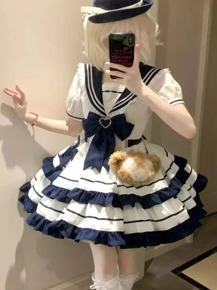 Dulce y adorable conjunto de falda marinera de manga corta con cuello, estilo lolita japonesa kawaii, con lazo de encaje y vestido de fiesta de princesa con cuello marinero.