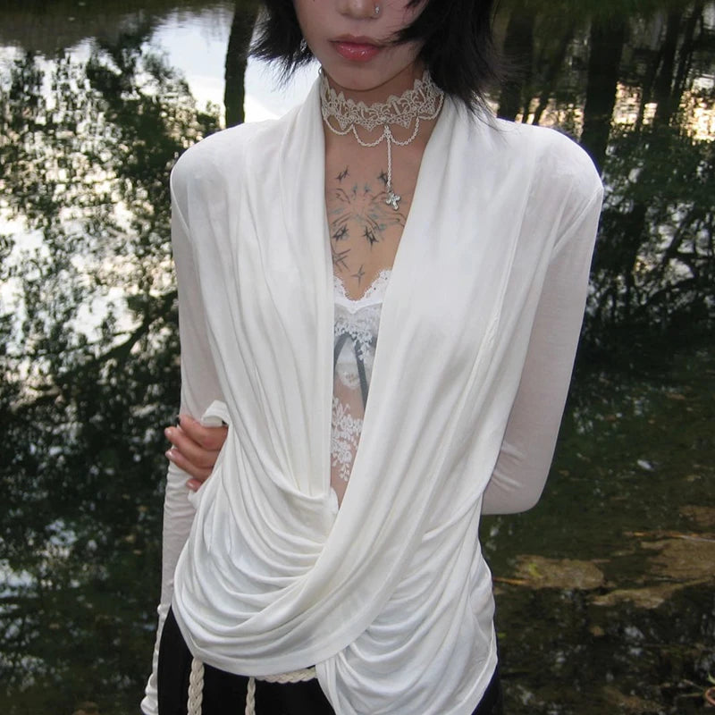 Asymmetric Draped Cross Long Sleeve Top