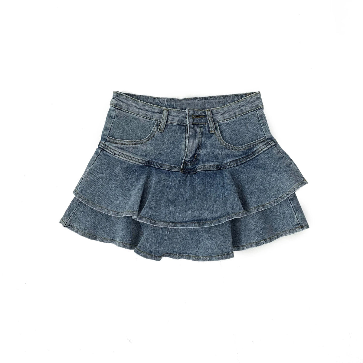 Falda pantalón vaquera vintage para mujer, moda coreana de verano, cintura alta, línea A, lavado azul, delgada, bonita, sexy, minifalda vaquera con volantes para mujer