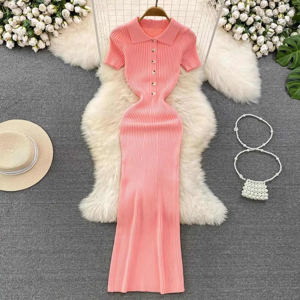 REALEFT Verano 2026 Nuevo Polo de Mujer Vestido Largo Tejido Sólido Elegante Manga Corta Botones Vestido Bodycon Envolvente Femenino