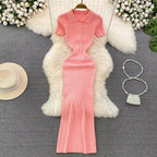 REALEFT Verano 2026 Nuevo Polo de Mujer Vestido Largo Tejido Sólido Elegante Manga Corta Botones Vestido Bodycon Envolvente Femenino