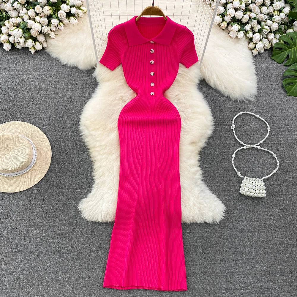 REALEFT Verano 2026 Nuevo Polo de Mujer Vestido Largo Tejido Sólido Elegante Manga Corta Botones Vestido Bodycon Envolvente Femenino