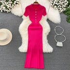 REALEFT Verano 2026 Nuevo Polo de Mujer Vestido Largo Tejido Sólido Elegante Manga Corta Botones Vestido Bodycon Envolvente Femenino