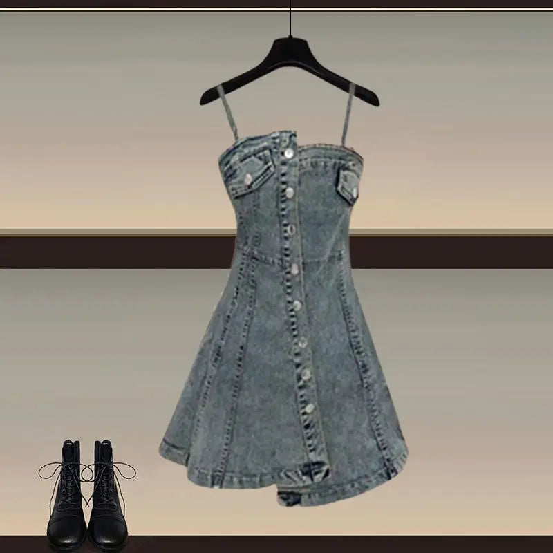 Hollow Long Sleeve Top + Denim Strap Skirt Set