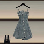 Hollow Long Sleeve Top + Denim Strap Skirt Set