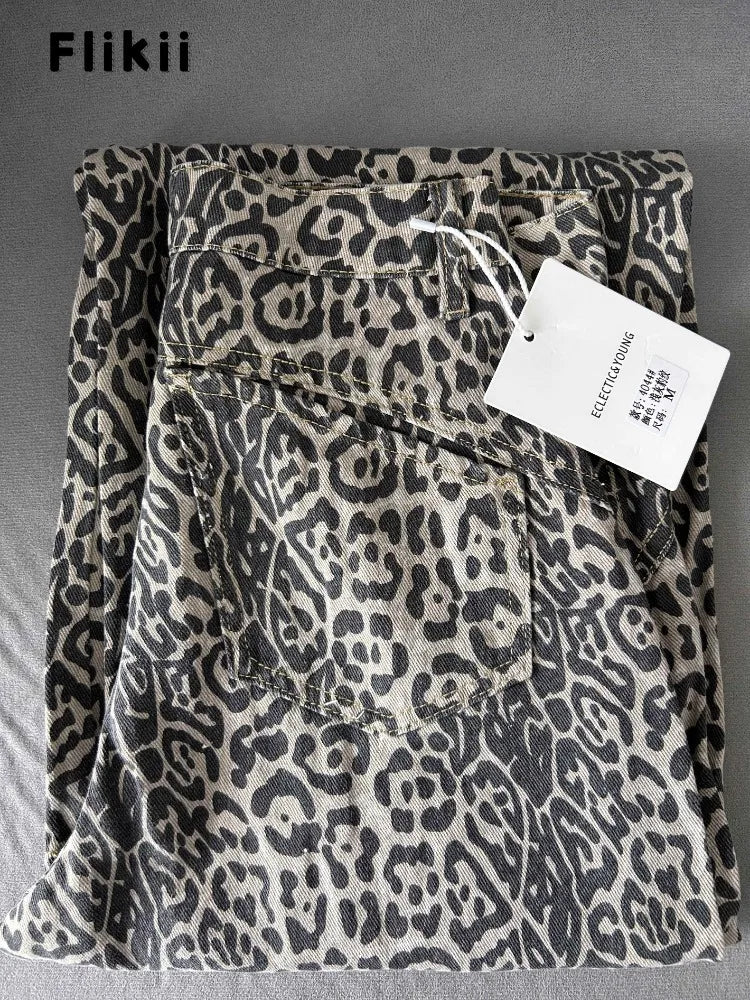 Pantalones vaqueros americanos vintage de leopardo de cintura alta para mujer, informales, años 2000, holgados, Y2K, pierna ancha, grunge, de calle, de mezclilla lavada