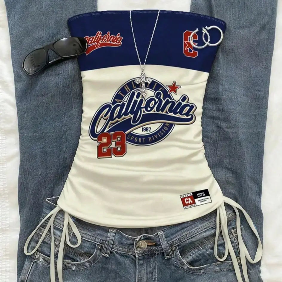 Top corto, top sin mangas con cordón ajustable en la parte delantera y diseño recortado para mujer, top veraniego con estampado deportivo y tirantes finos para un look moderno de resort