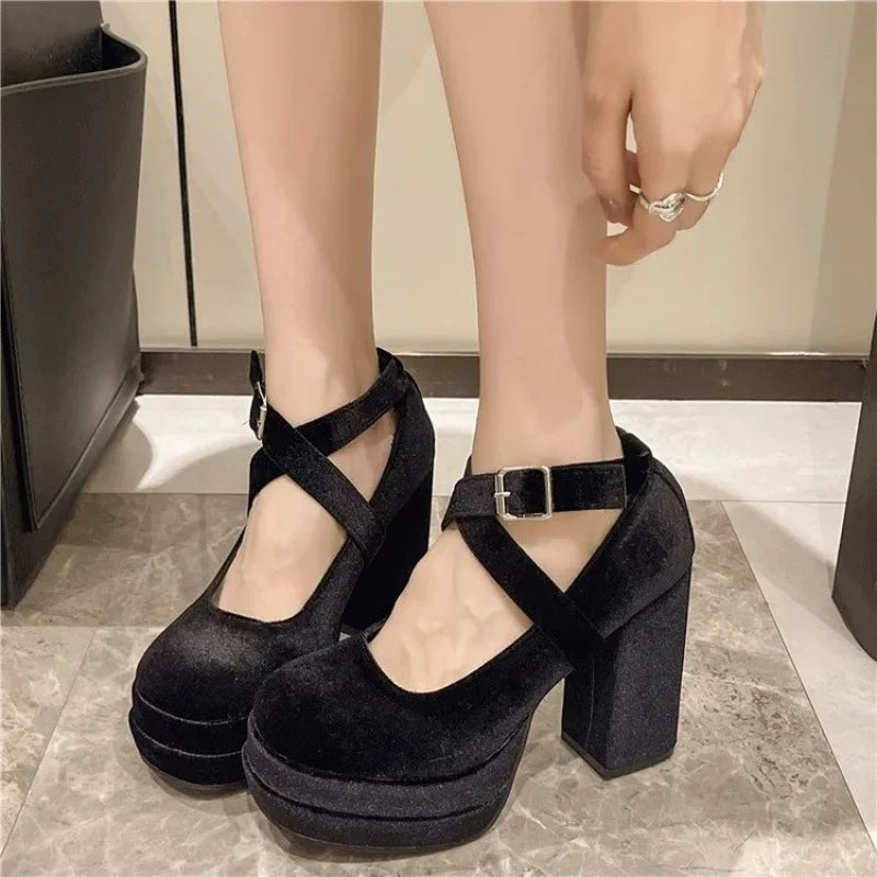 Mary Jane Suede Platform Round Toe High Heels