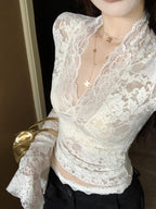 Lace Long Sleeve Plunge V-neck Bell-Sleeve Sheer Lace Crop Shirt