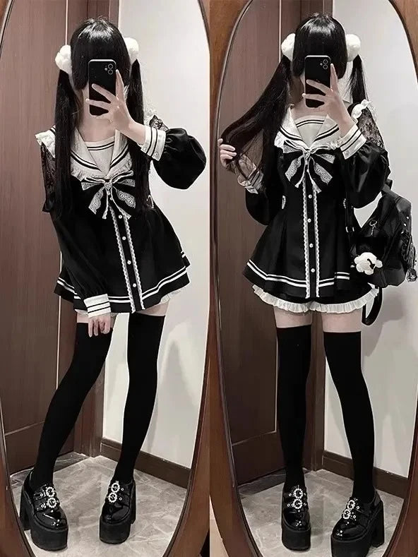 Vestido japonés JK dulce falso de dos piezas Kawaii nuevo con lazo estampado, vestidos Lolita delgados a la moda, trajes vintage Harajuku para mujer, estilo hada