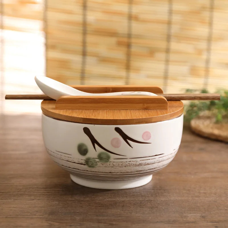 Ceramic Japanese Style Rice Noodle Bowl with Lid Spoon Chopstick