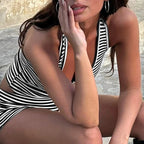 Striped Print Backless Halter Neck Tops and Elastic Shorts Set