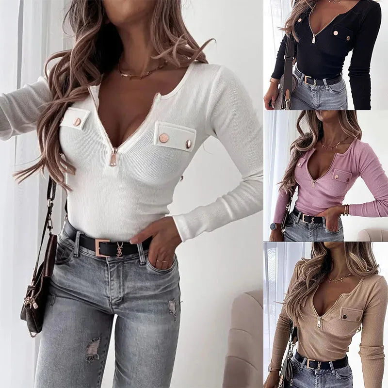 Knit Solid Color Long Sleeve Zipper V -Neck T-Shirt