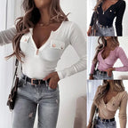 Knit Solid Color Long Sleeve Zipper V -Neck T-Shirt