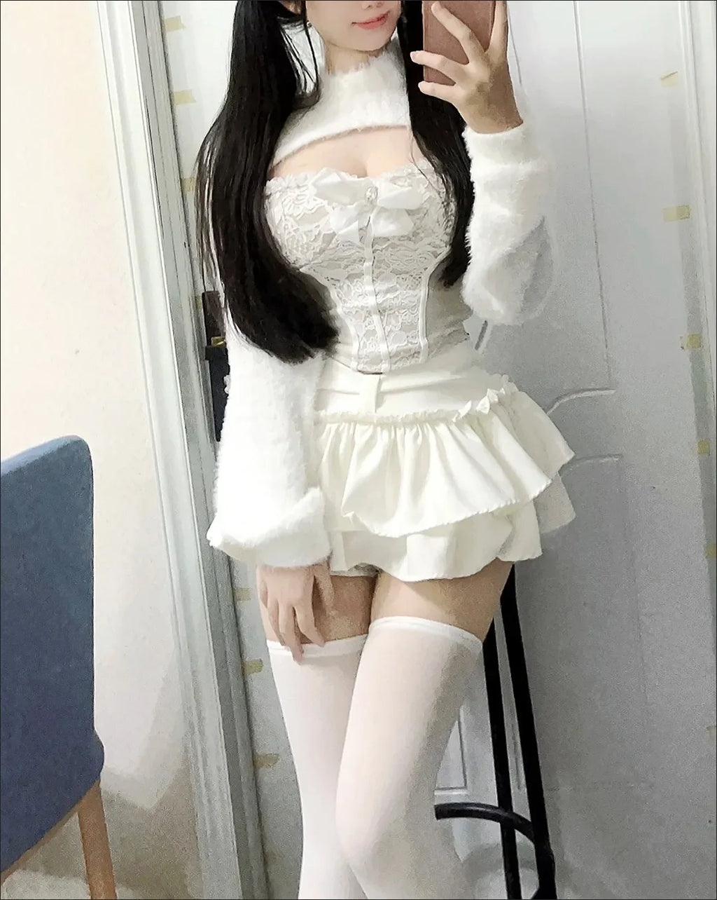 Crop Pullover + Lace Bow Vest + Ruffled Mini Cake Skirt Set