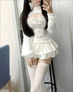 Crop Pullover + Lace Bow Vest + Ruffled Mini Cake Skirt Set