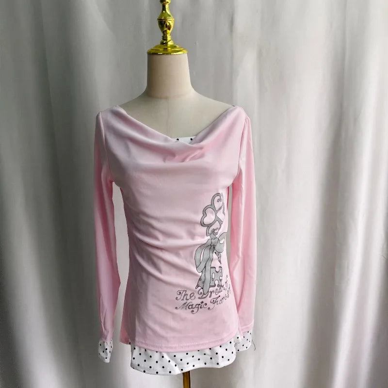 Fake Two Spliced Polka Dot Print T-shirt