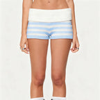 Pantalones cortos de punto a rayas para mujer, de microfibra, para verano, con cintura elástica plegable, ajustados, tipo mini, Y2k, para estar en casa, pantalones cortos de punto, para vacaciones en la playa